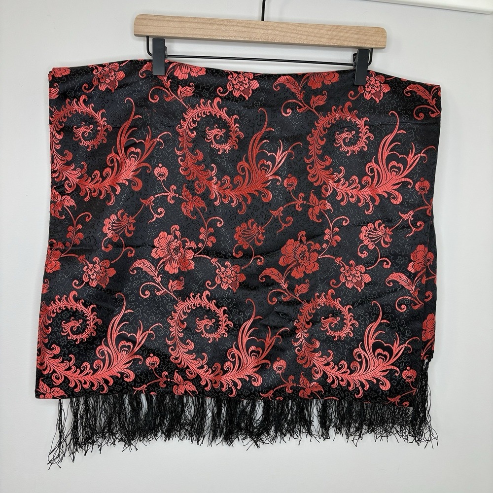 Chinese 100% Silk Fabric Table Runner‎ Red Black Tapestry Oriental Brocade 72X22